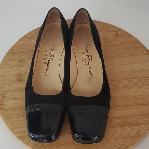 Salvatore Ferragamo Sonia Black Cap Toe Block Heel Pump Size 9 - Picture 2 of 13